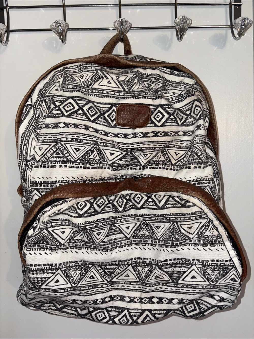 Billabong Black & White Aztec-Pattern Backpack with Brown Trim